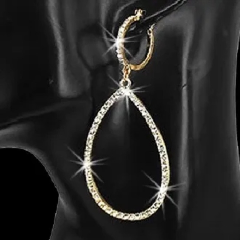 3" Long Pave Set Cz Crystal Leverback Hoop Dangle Drop statement Earrings Gold